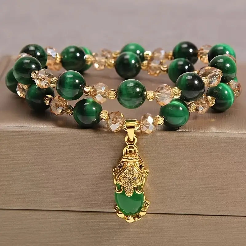 Naturlig Tigerøye Stein armbånd med amulett